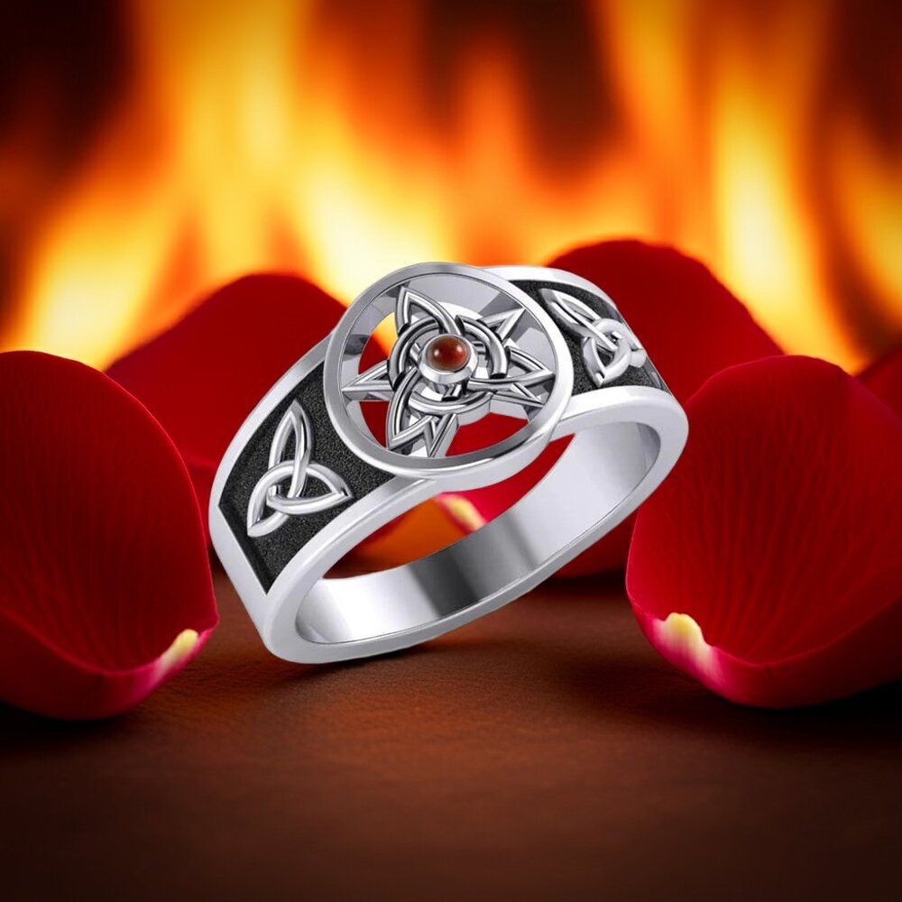 Celtic Trinity Pentacle Garnet Sterling Silver Ring, Size 8